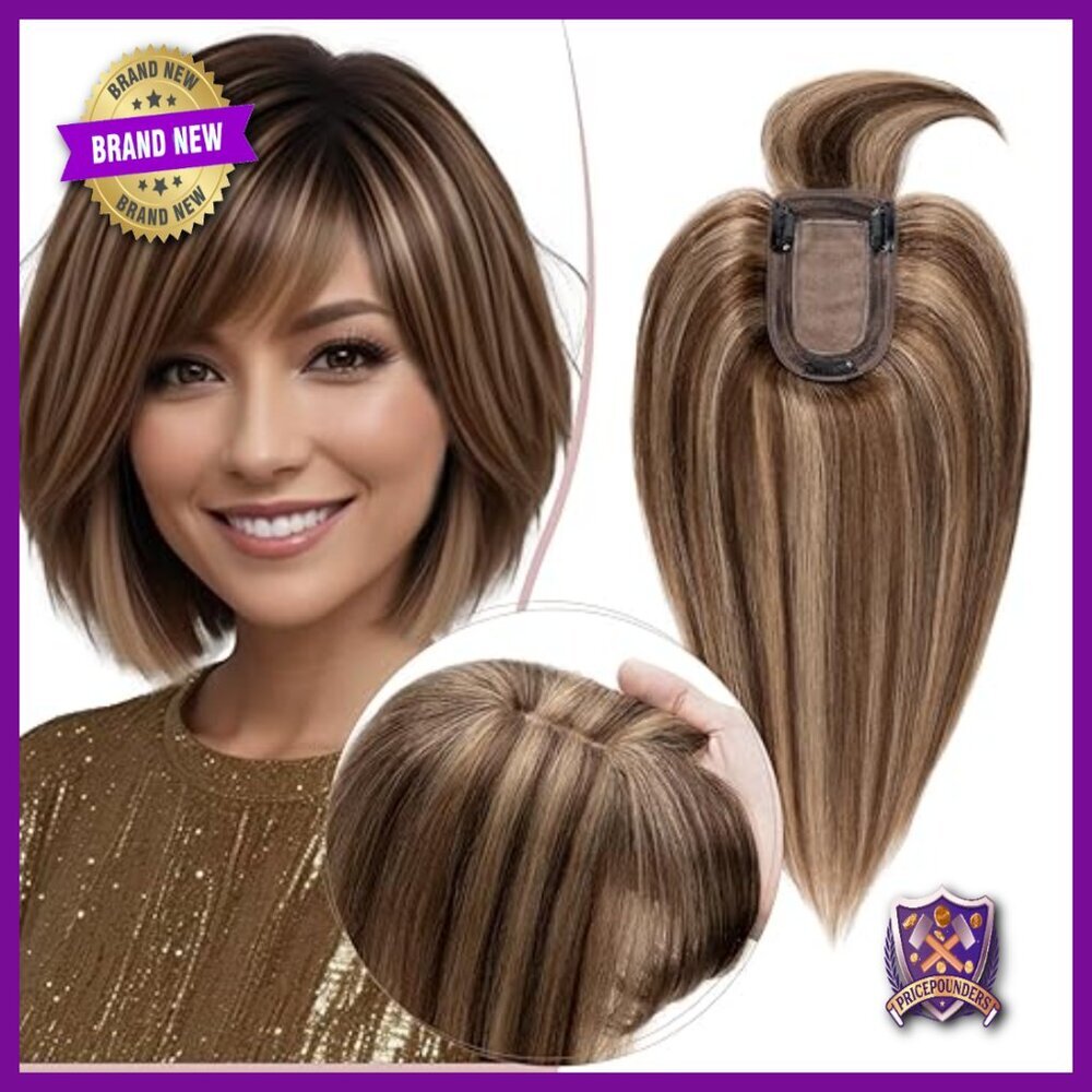 Silk Base Human Hair Topper with Bangs, 12 Inch Length, Clip In for Volume